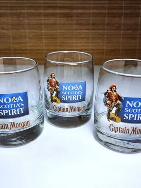 Captain Morgan Glass Lot 3pc Nova Scotia Spirit Heavy Base Lowball Rocks Tumbler